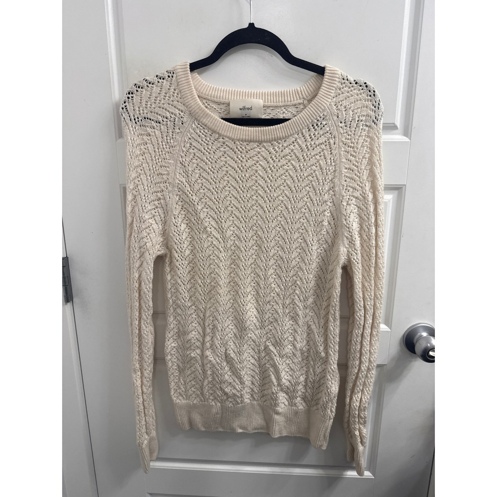 Wilfred Aritzia Cream Merino Wool Pointelle Chevron Knit Sweater Womens Medium